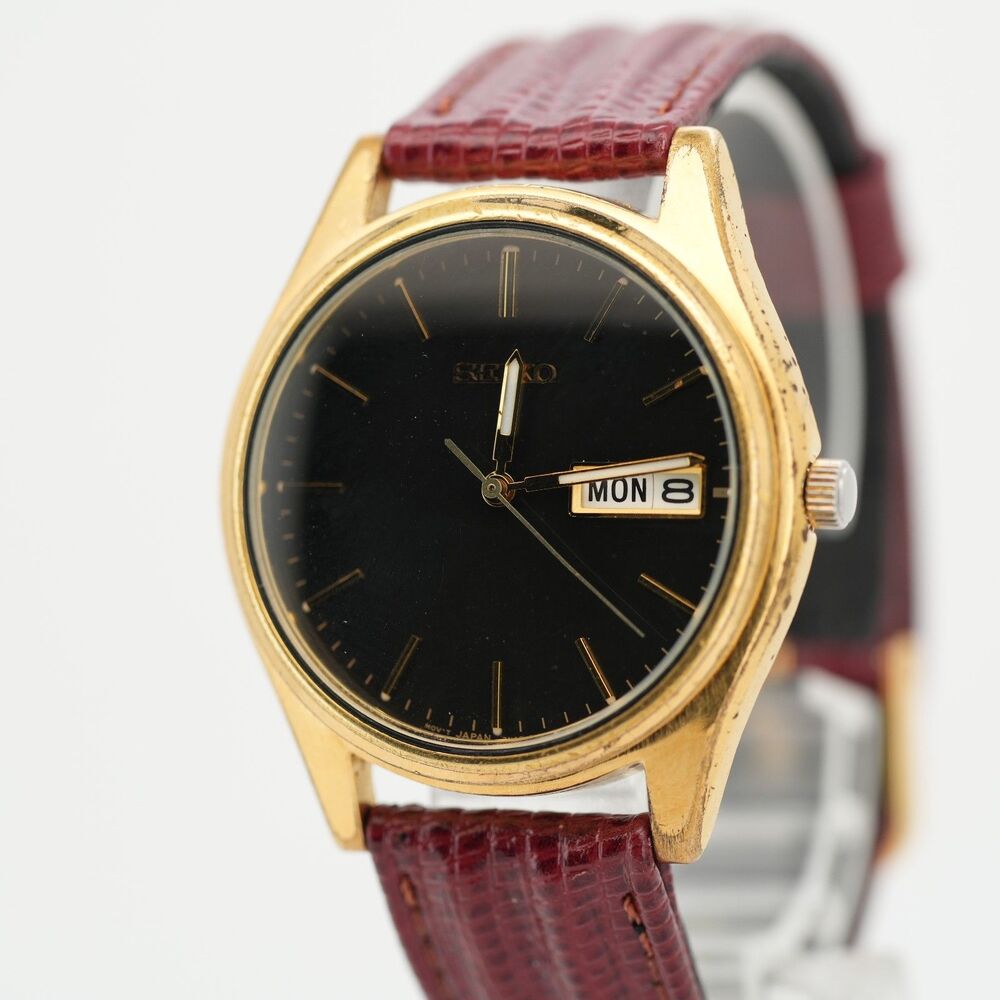 Seiko 7N43-9048 37mm Black Gold Day Date Quartz Dress Watch New Battery Running